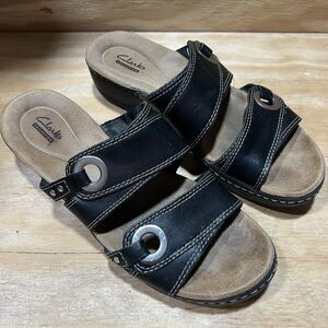 Clarks Lexi Willow Black Leather Slide Wedge Sandals Women’s Size 8.5 M